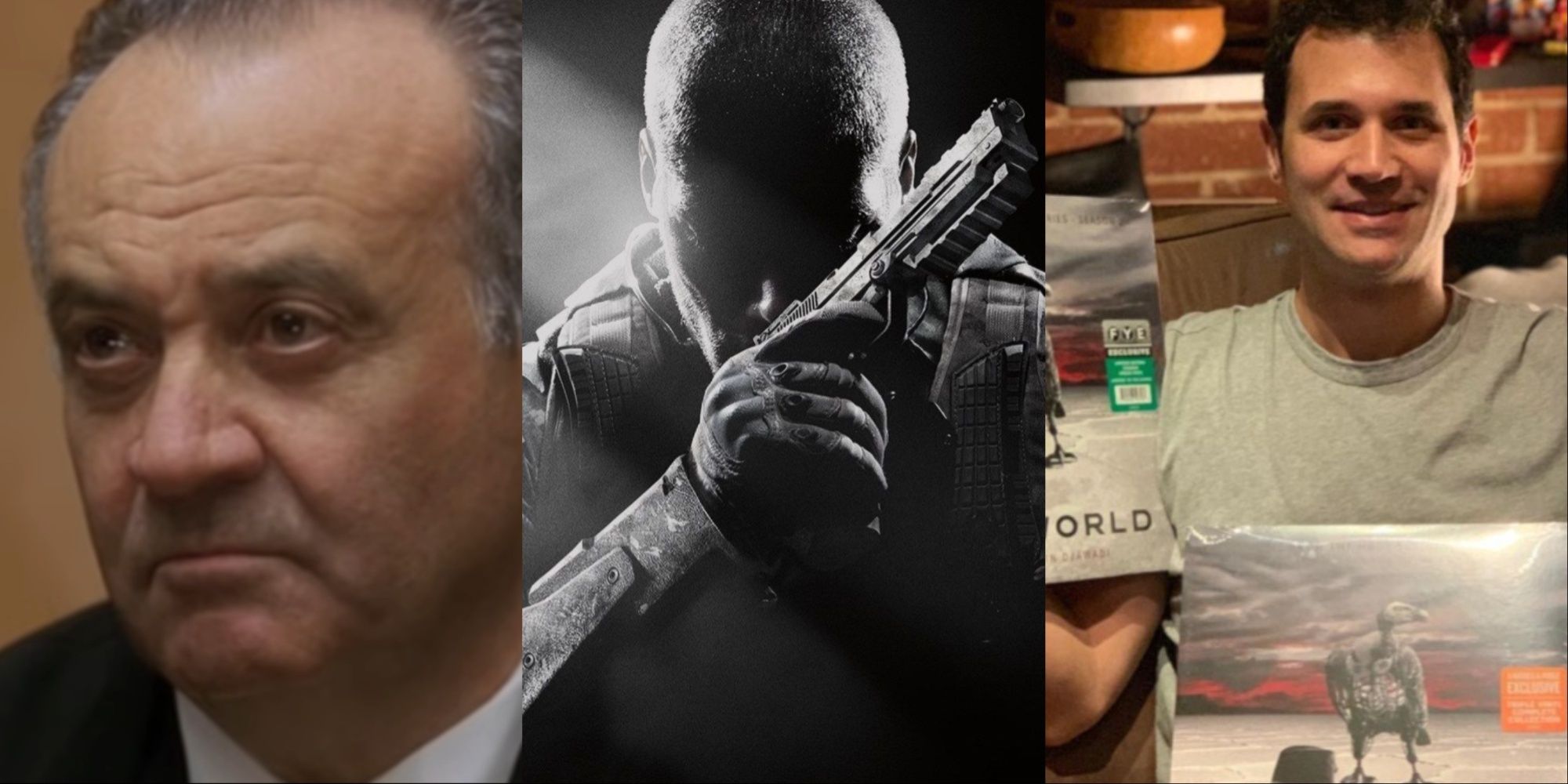 A three-image collage of Angelo Badalamenti in Mulholland Drive, the cover art for Call of Duty: Black Ops 2, and Ramin Djawadi holding vinyl albums of the Westworld Season 2 soundtrack.