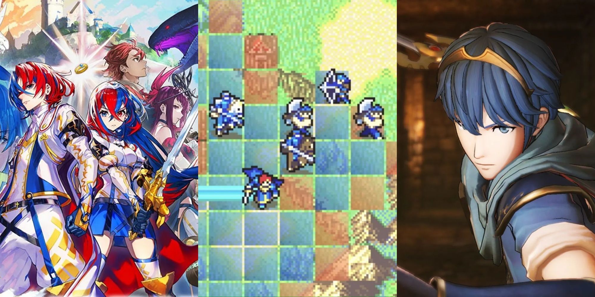 Collage image of Fire Emblem Engage cover art, Fire Emblem GBA gameplay, and Marth in Fire Emblem Warriors.