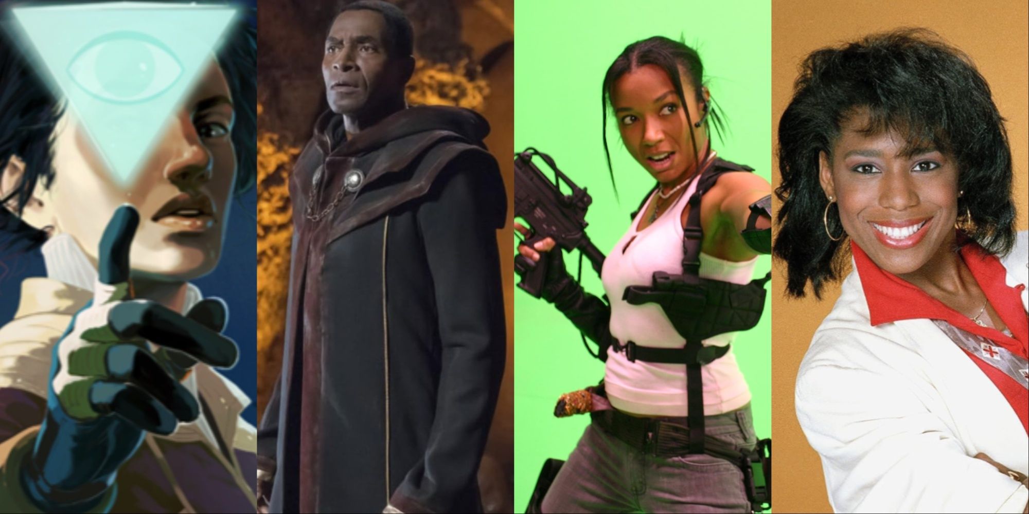 A four-image collage of the cover art for Tacoma, Carl Lumbly in Supergirl, Eva La Dare in costume as Sheva Alomar, and a younger Dawnn Lewis from sitcom A Different World.