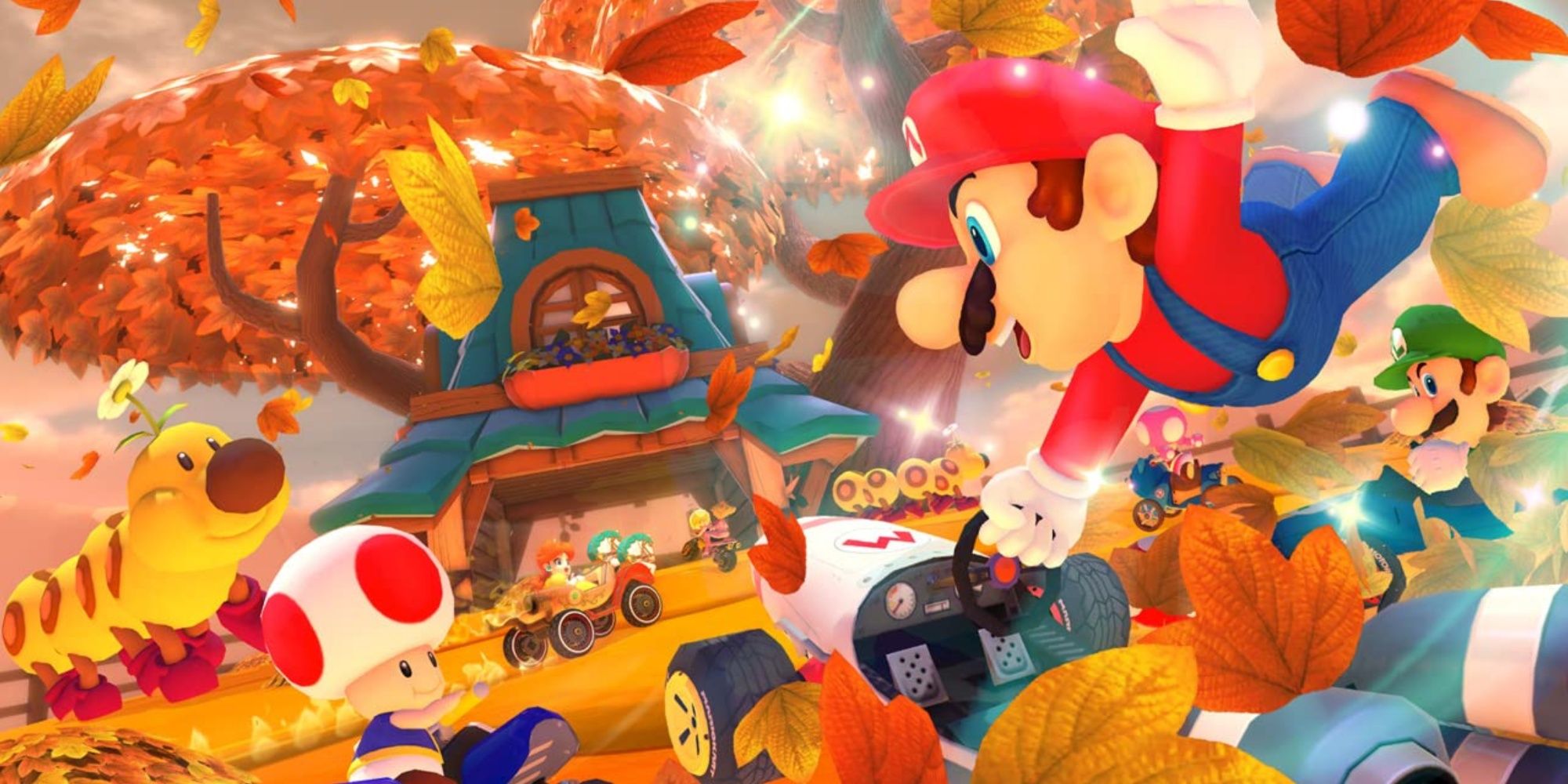 characters racing through maple treeway in mario kart 8 deluxe