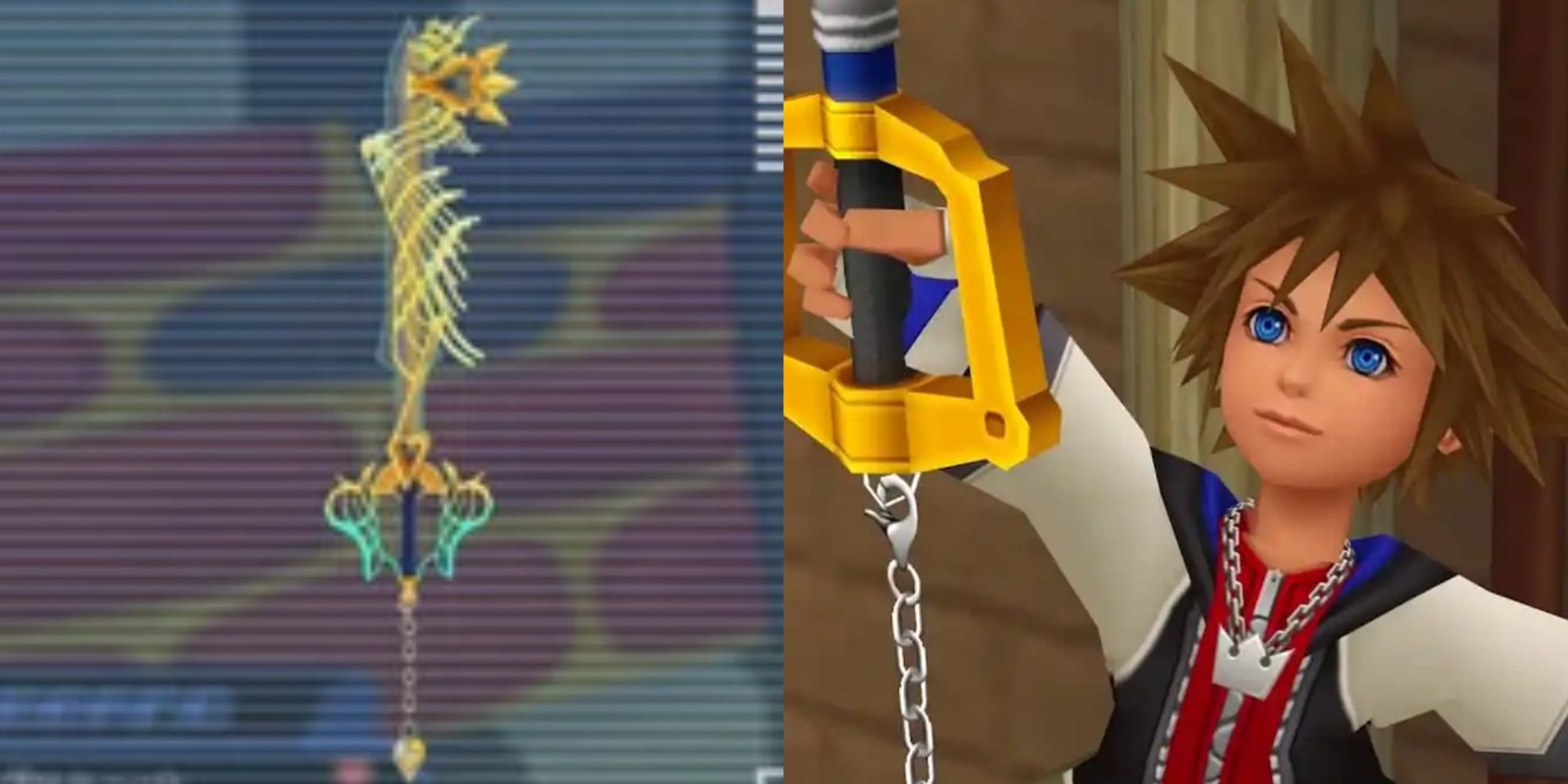 Split images of the Ultima Keyblade and Sora holding the Kingdom Key Keyblade in Kingdom Hearts