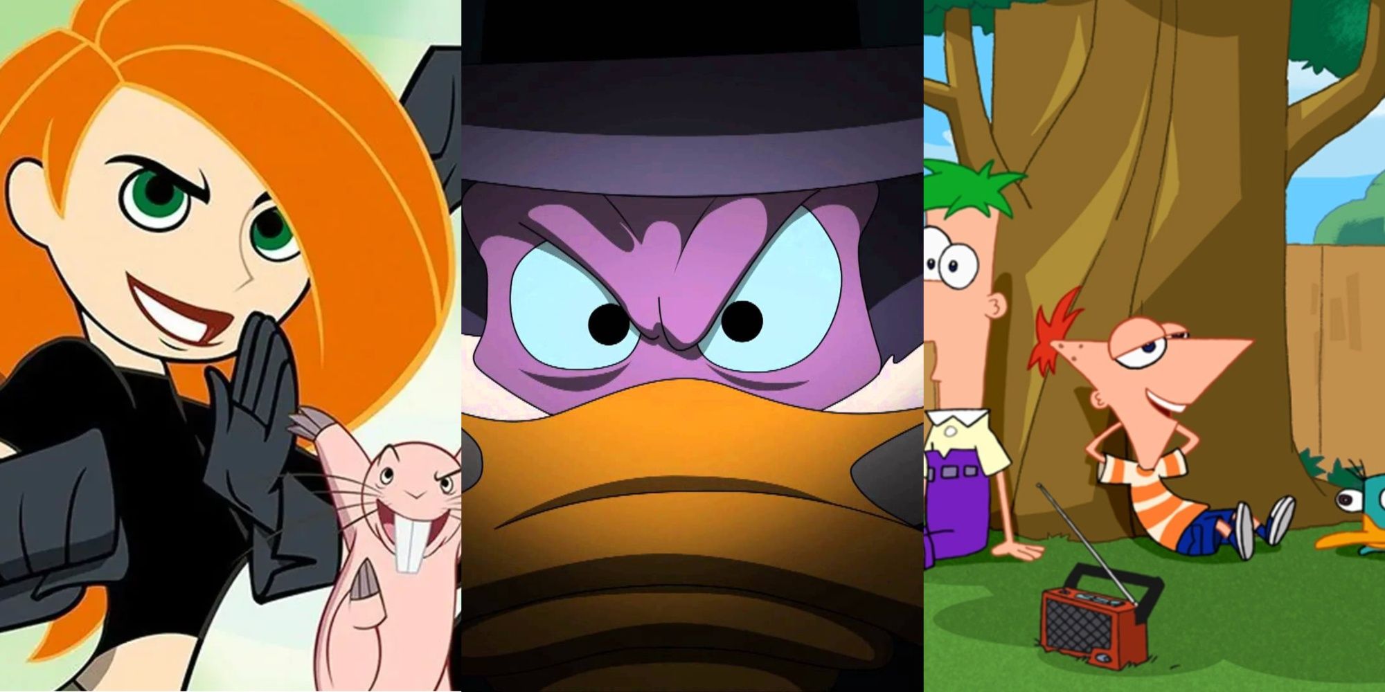Kim Possible left, Darkwing Duck middle, Phineas and Ferb right