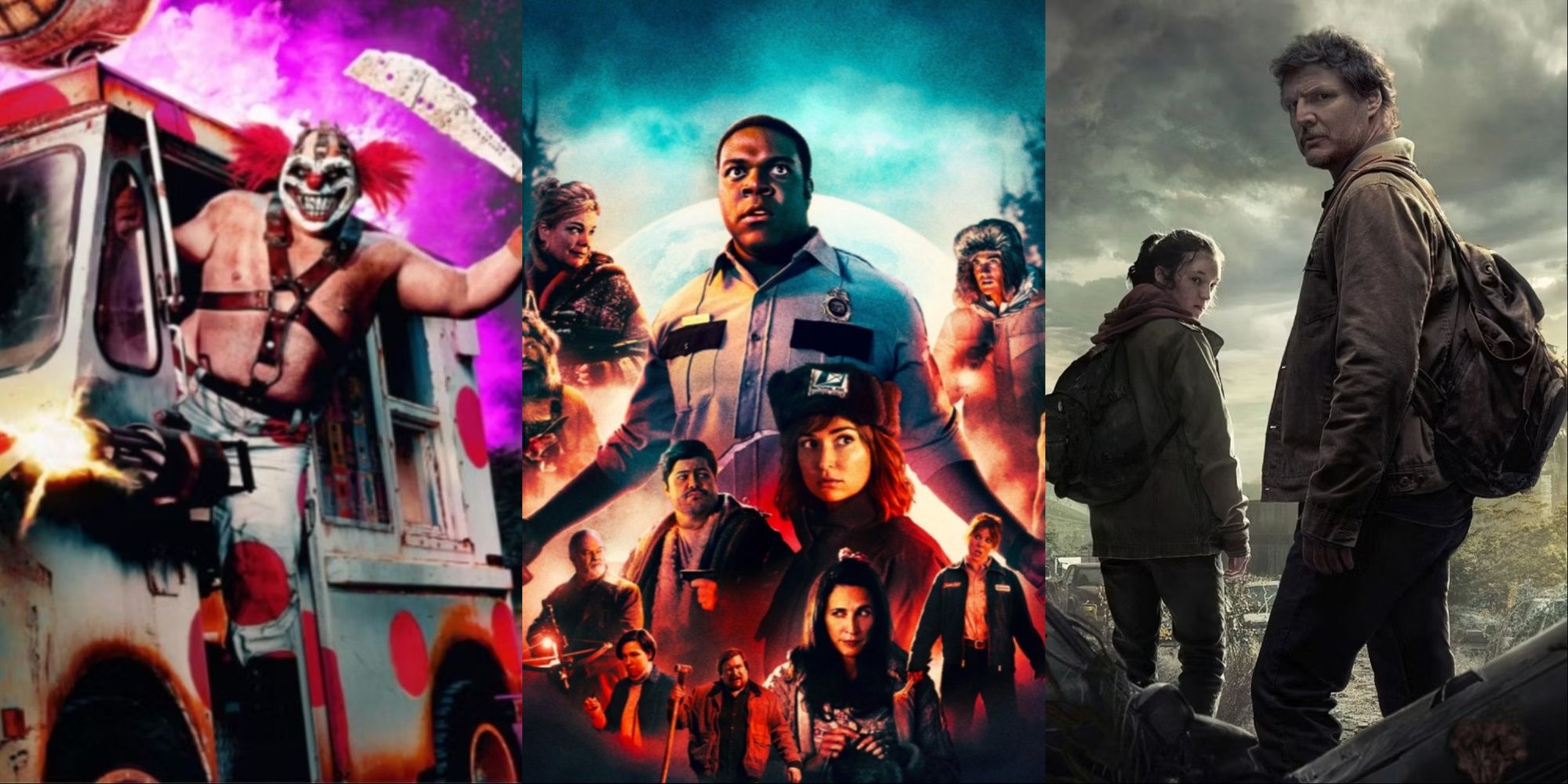 A three-image collage of Samoa Joe's Sweet Tooth with a machete in his ice cream truck in Twisted Metal, the movie poster for Werewolves Within, and Bella Ramsey and Pedro Pascal as Joel and Ellie on HBO's The Last of Us poster.