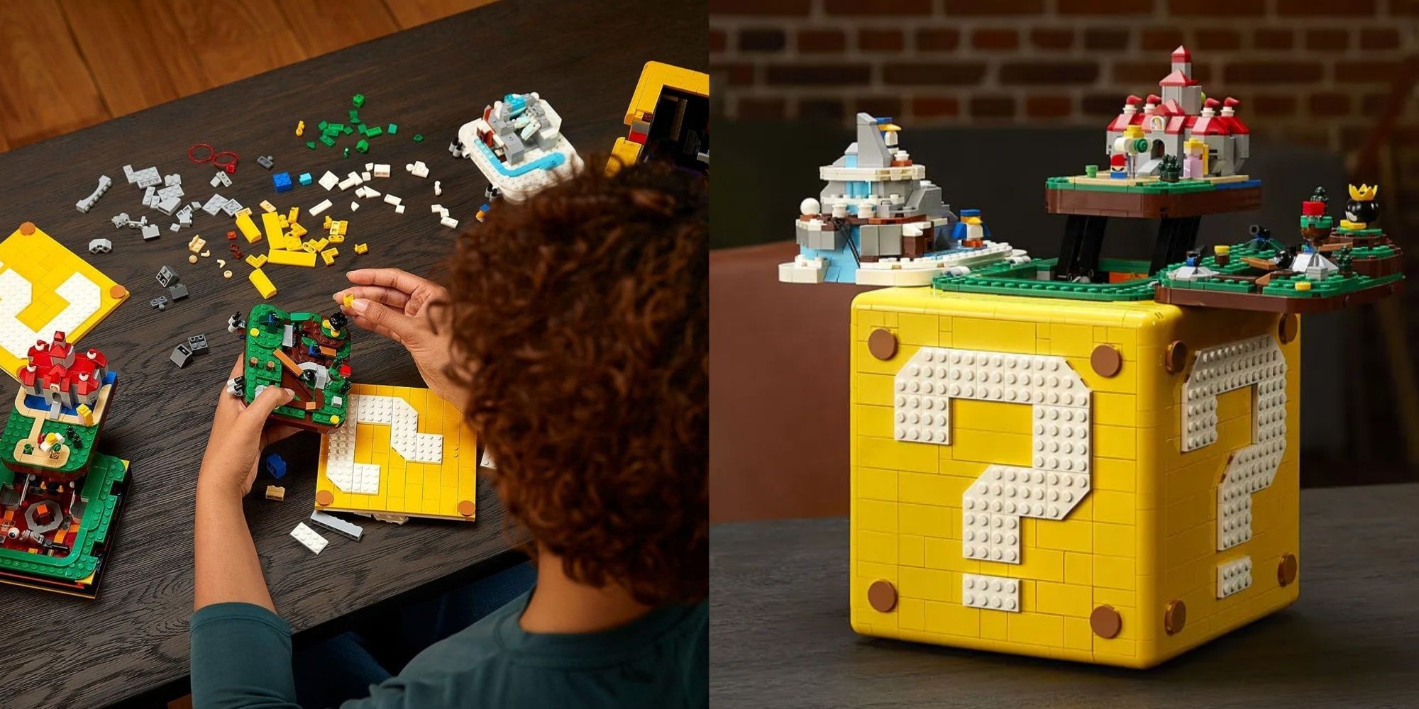 someone building the lego mario question block set, and then the assembled version