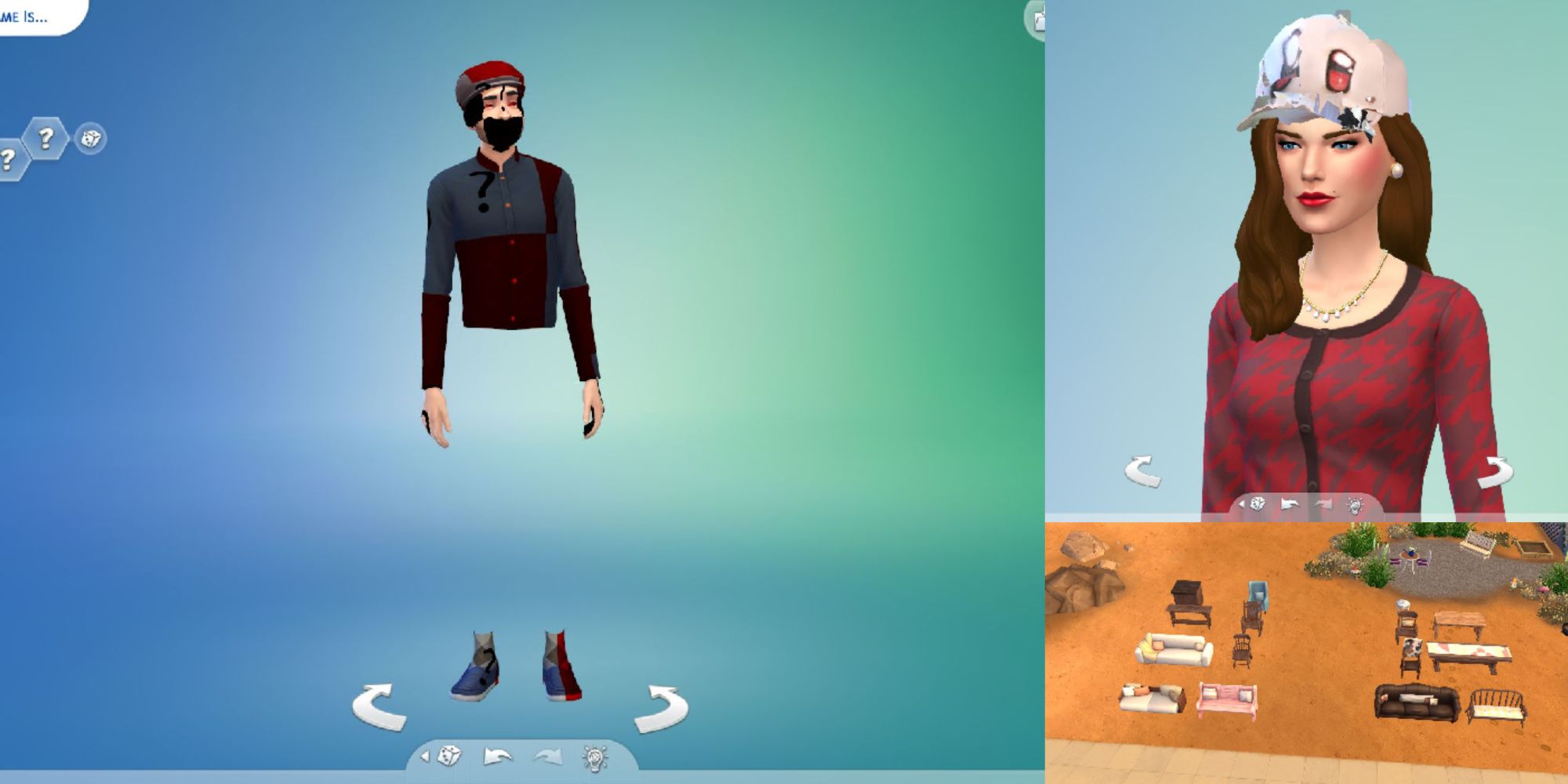 A photocollage of three Sims 4 images- a Sim whose legs are missing and who's covered in question marks, a Sim wearing a glitchy-looking hat, and a bunch of Sims chairs split into two piles on the lawn.