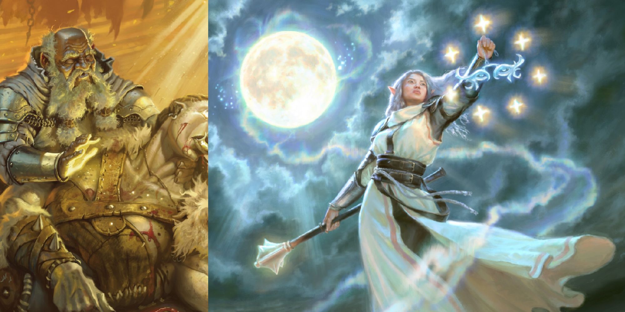 A collage of a cleric using revivify on a half-orc and a moon cleric standing with her mace in hand in Dungeons & Dragons.