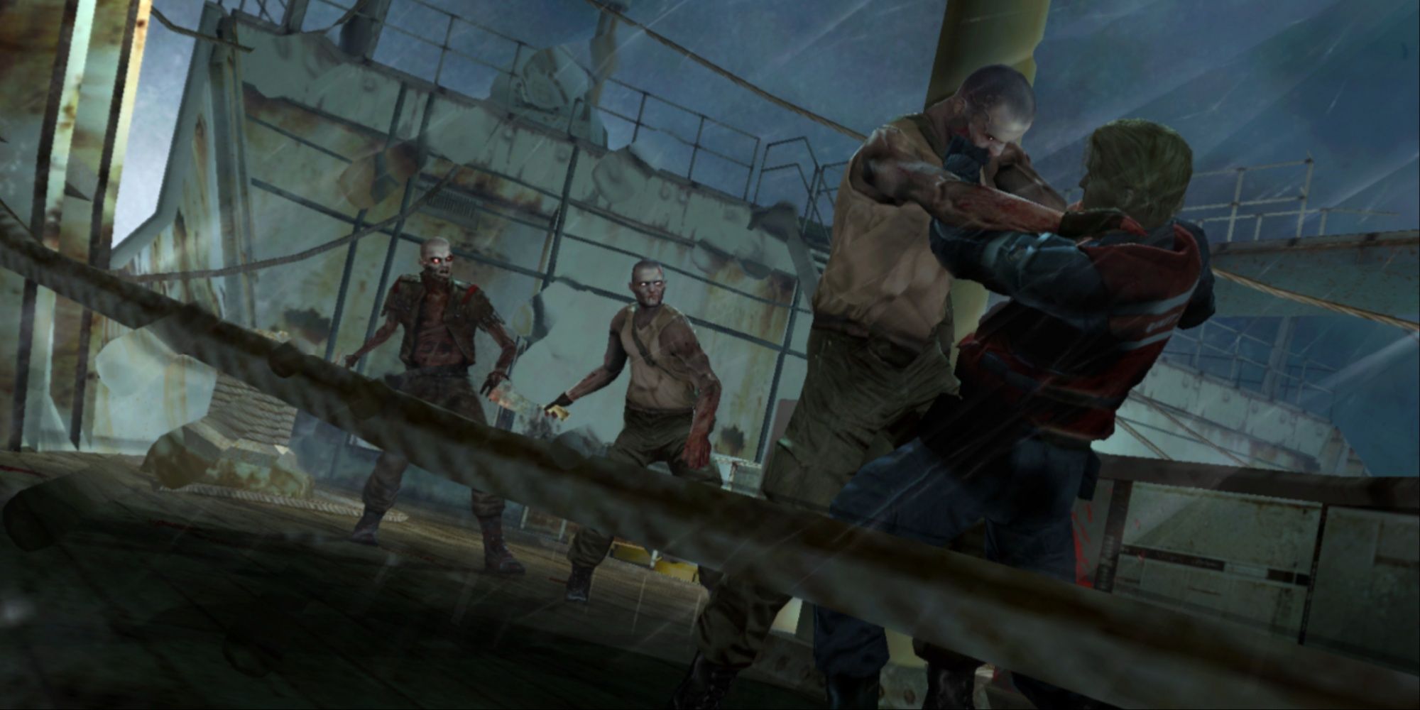 The protagonist struggling with a group of zombie enemies on the edge of the ship in Cold Fear.