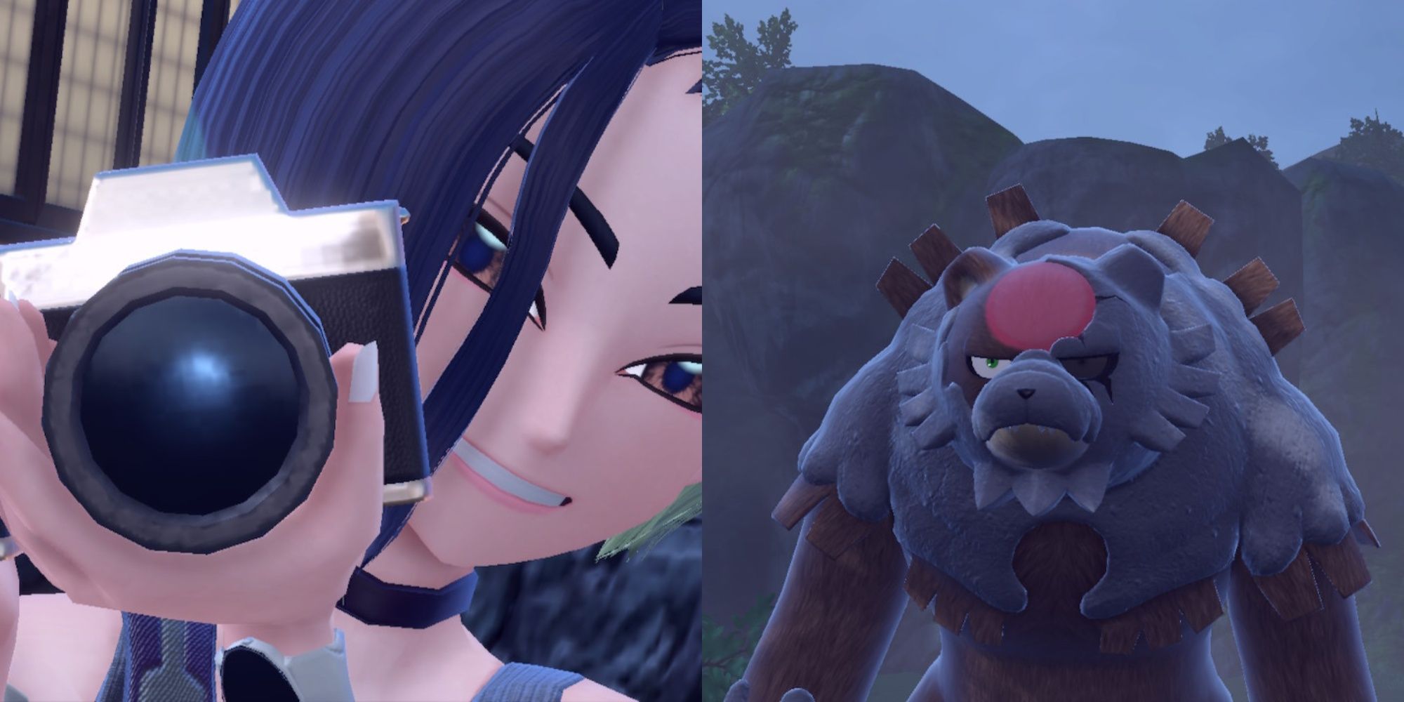 Collage image of Perrin holding a camera and smiling, and Bloodmoon Ursaluna in Pokemon Scarlet & Violet: The Teal Mask.