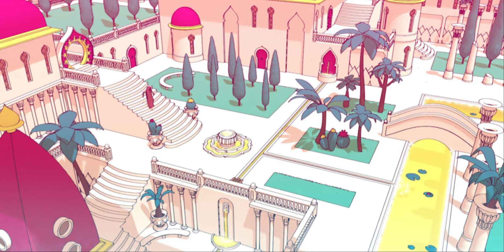 The main protagonist of Chants of Sennaar wandering in a garden areas of a palace featuring vibrant pink, yellow, and greent environment art.