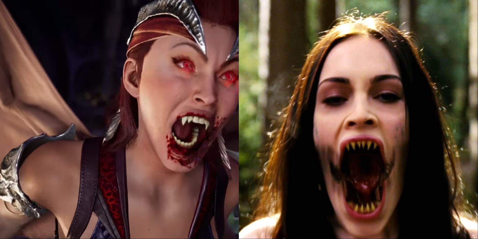 Split-image of Nitara with mouth agape and Megan Fox's character Jennifer Check about to devour someone in Jennifer's Body.