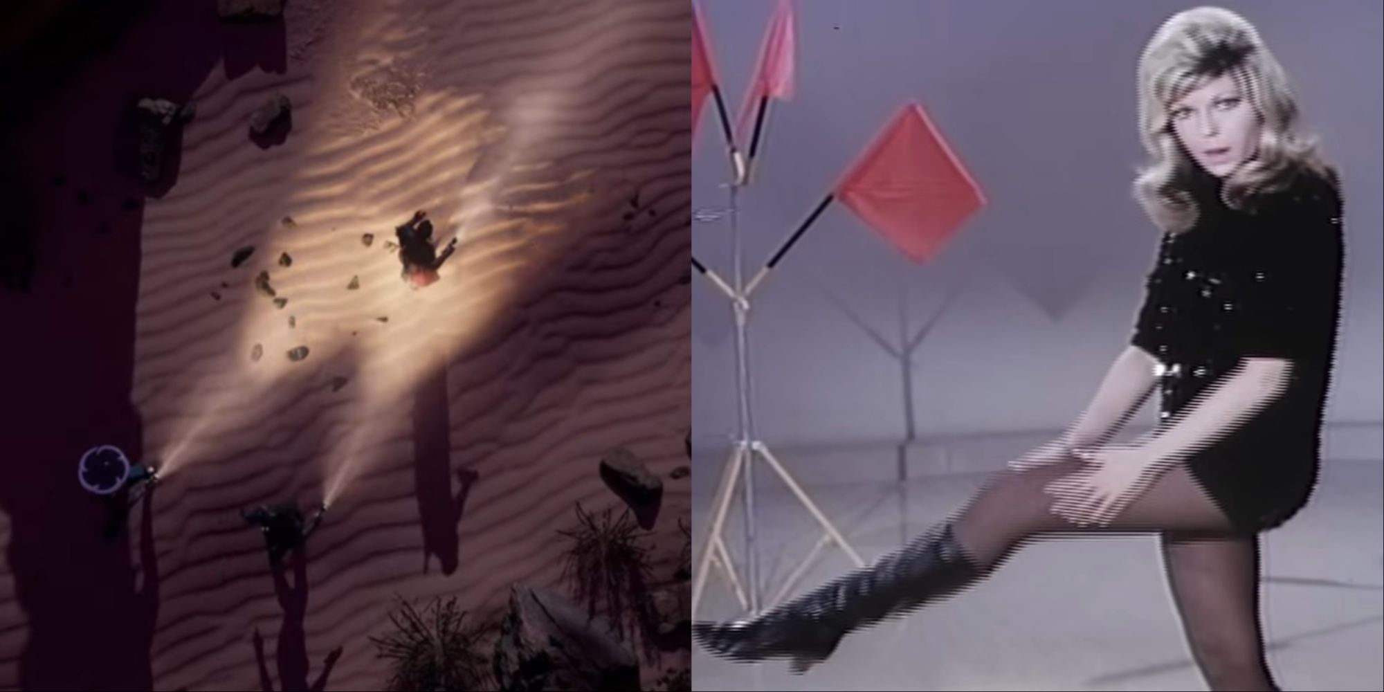 Split-image of the group walking on the sand and Nancy Sinatra singing the song 'These Boots Are Made For Walking' in the music video.