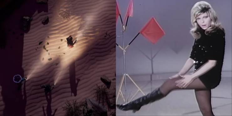 Split-image of the group walking on the sand from the top-down view, and Nancy Sinatra singing the song 