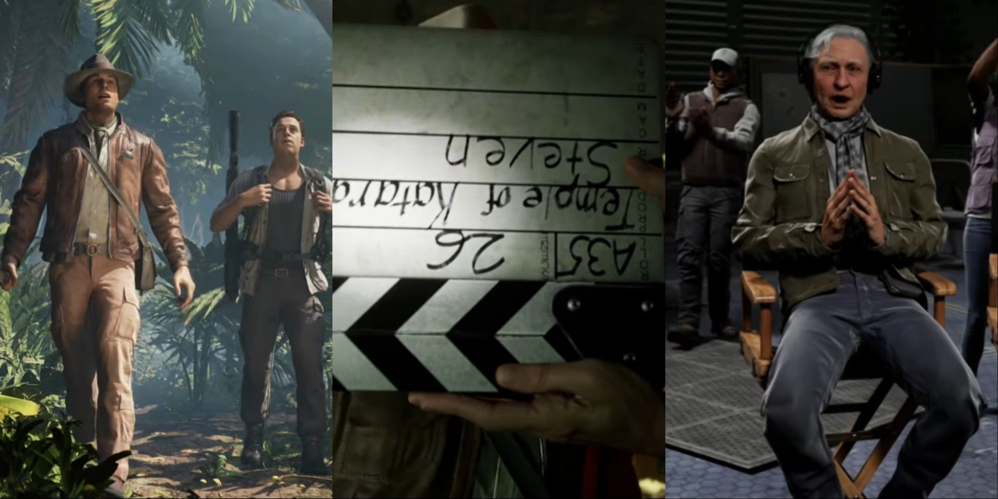 Three-image collage of Mortal Kombat 1's Johnny dressed as Indiana Jones walking through a jungle, the clapperboard with the director's name and film title, and the director Steven sitting in the chair saying 'cut'.