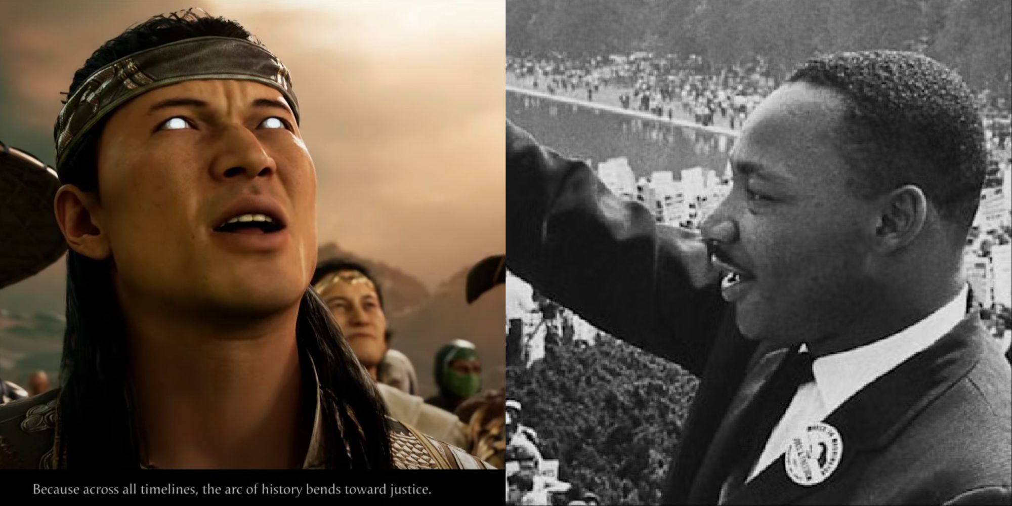 Split-image of Liu Kang saying the slightly altered MLK quote to Shang Tsung in a speech and Martin Luther King Jr. delivering a speech.