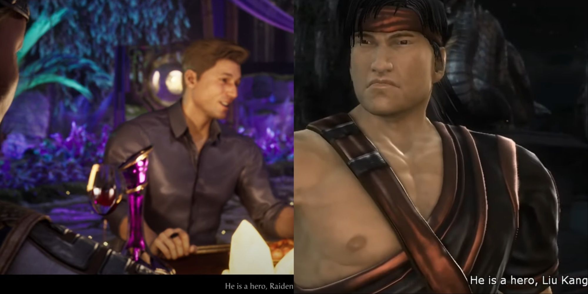 Split-Image of Liu Kang looking at Johnny and saying the quote of him not knowing he's a hero yet and Liu Kang hearing Raiden say the same quote in MK 2011.