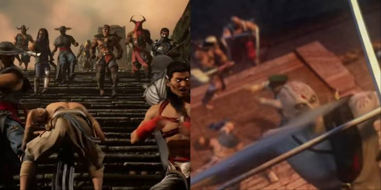 Split-image of the fight scene on the steps of the Pyramid in MK1 and the similar scene in Mortal Kombat: Armageddon.