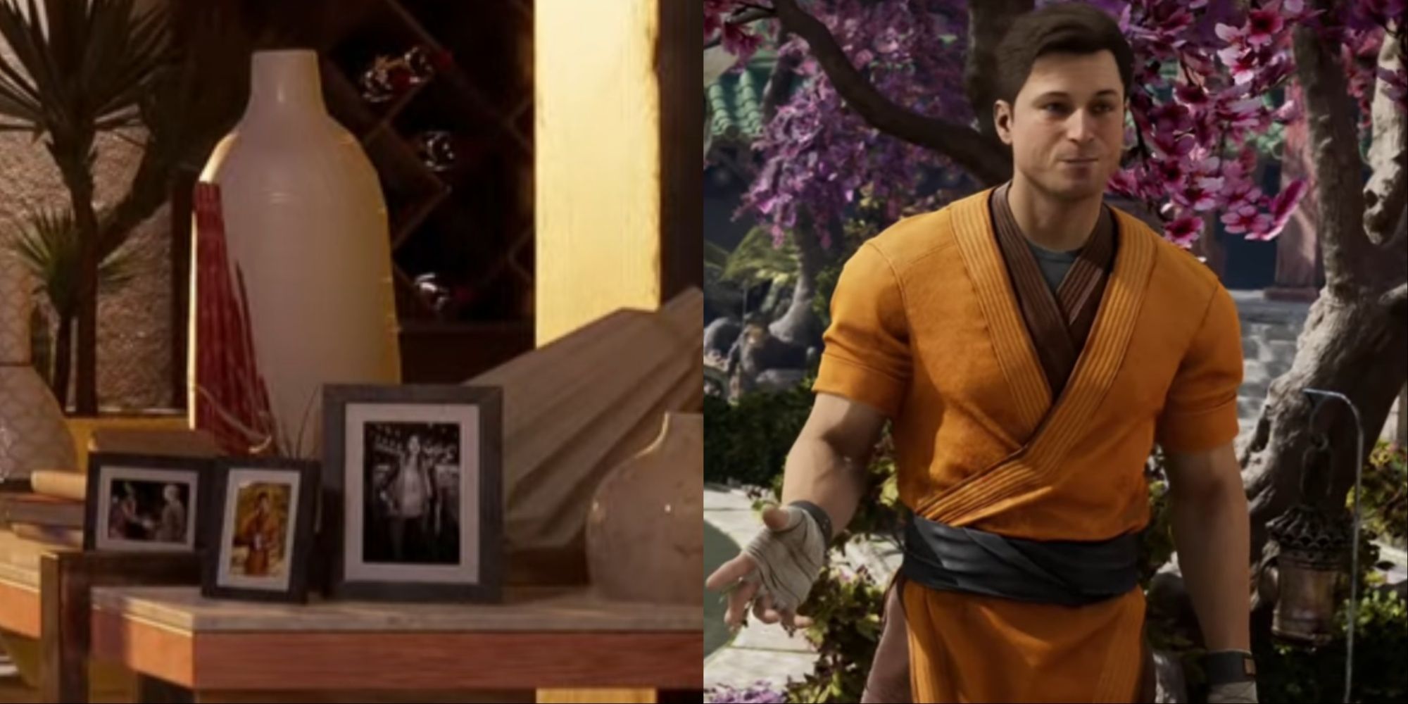 Split-image of Johnny Cage posing in a Shaolin monk robe and Johnny wearing the same robe in the Academy.