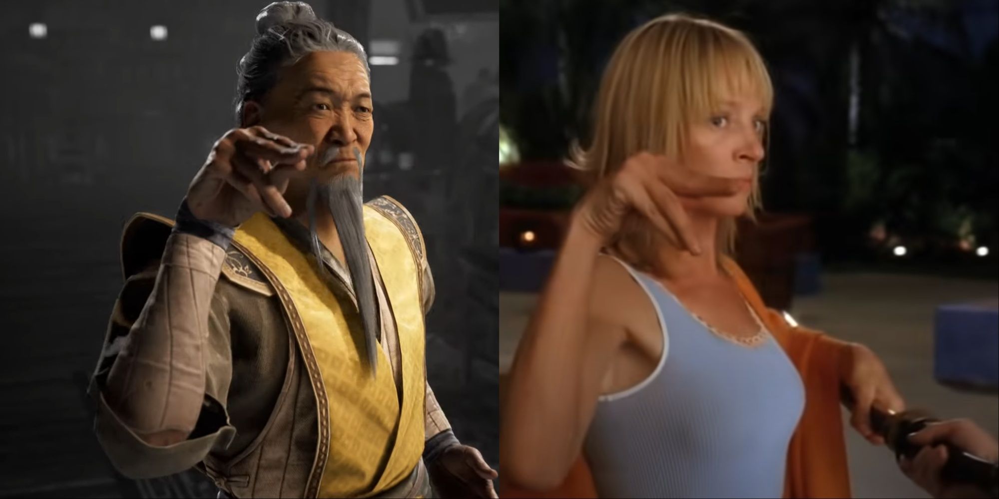 Split-image of Shujinko in MK1 and Uma Thurman in Kill Bill Vol. 2 performing the same martial arts move with their fingers.