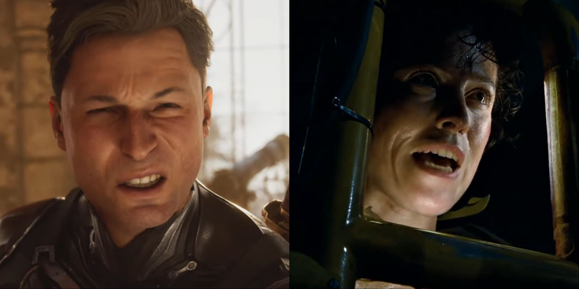 Split-image of Johnny gritting his face and Ripley inside a power loader saying the same line in Aliens.