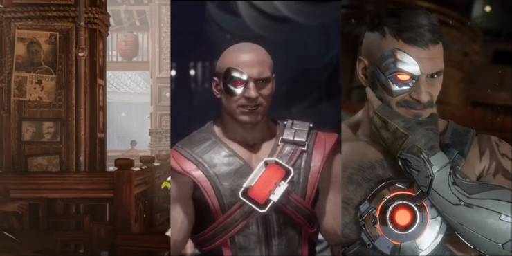 Three-image collage of the selfie photo of the two versions of Kano from MK11 in MK1, younger Kano, and older Kano.