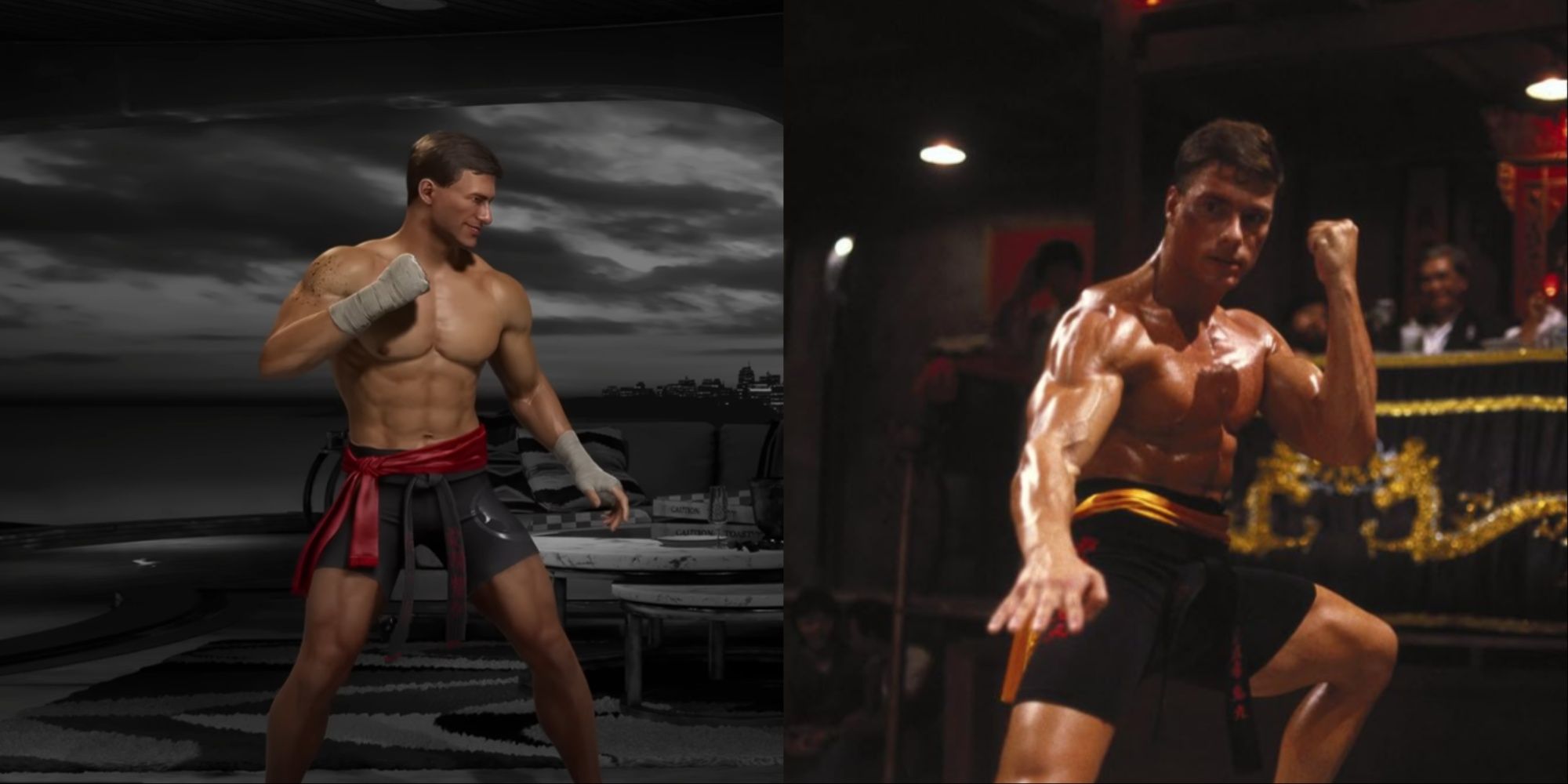 Split-image of Jean-Claude Van Damme's Johnny Cage model from the trailer and the actor portraying his character in the ring in the 1988 movie Bloodsport.