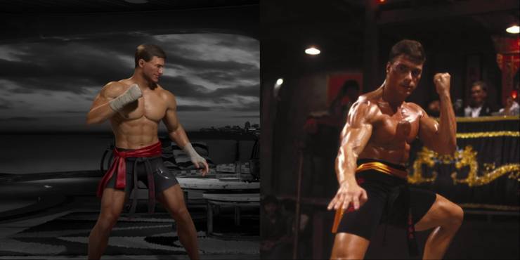 Split-image of Jean-Claude Van Damme's Johnny Cage model from the trailer, and the actor portraying his character in the ring in the 1988 movie Bloodsport.