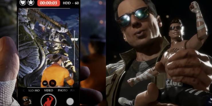 Split-image of Johnny Cage's MK11 face as an icon on his MK1 character's phone, and a close-up of Johnny holding an action figure version in the MK11 trailer.