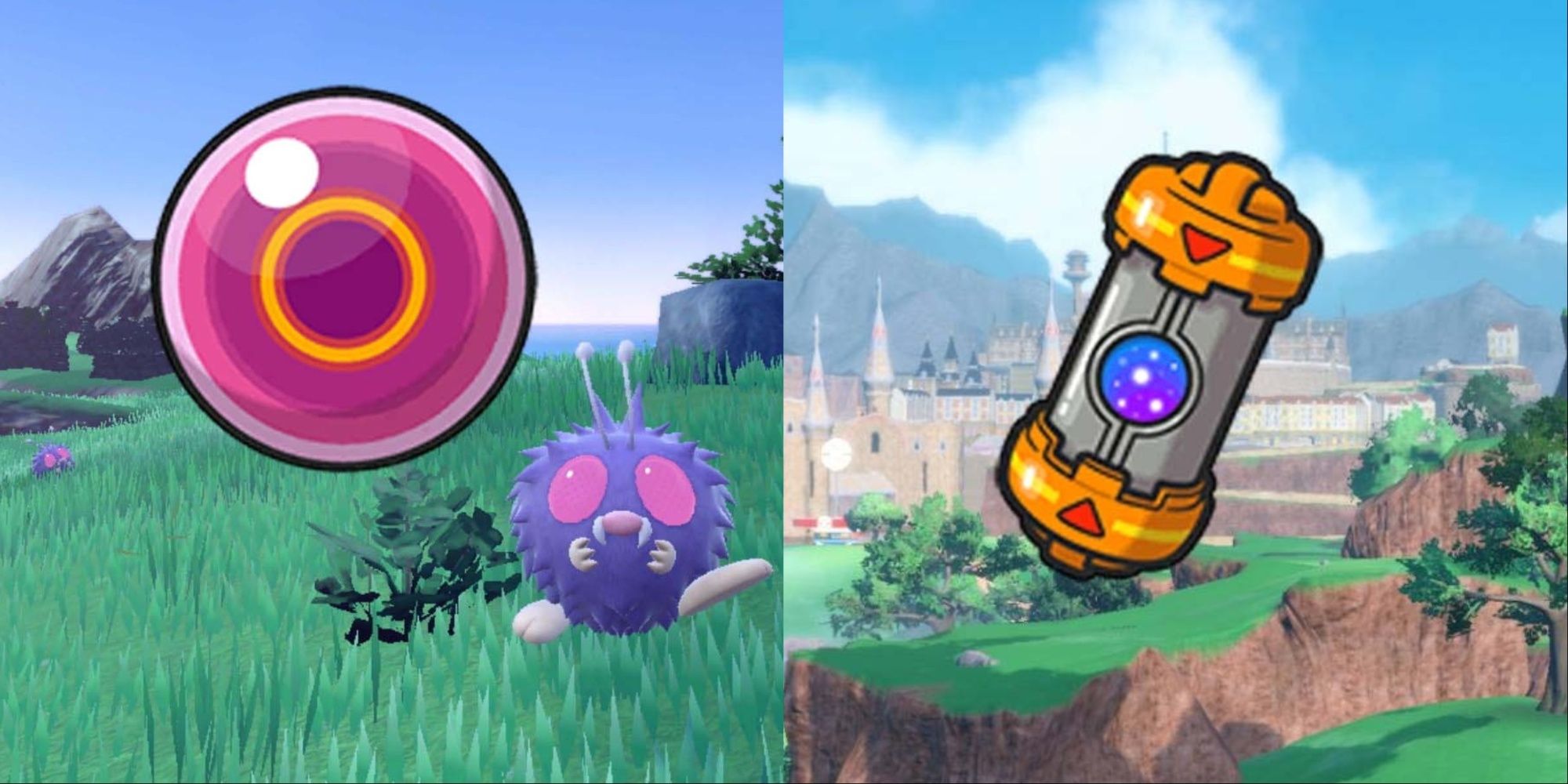 The Life Orb and Booster Energy over landscapes in Pokemon Scarlet & Violet