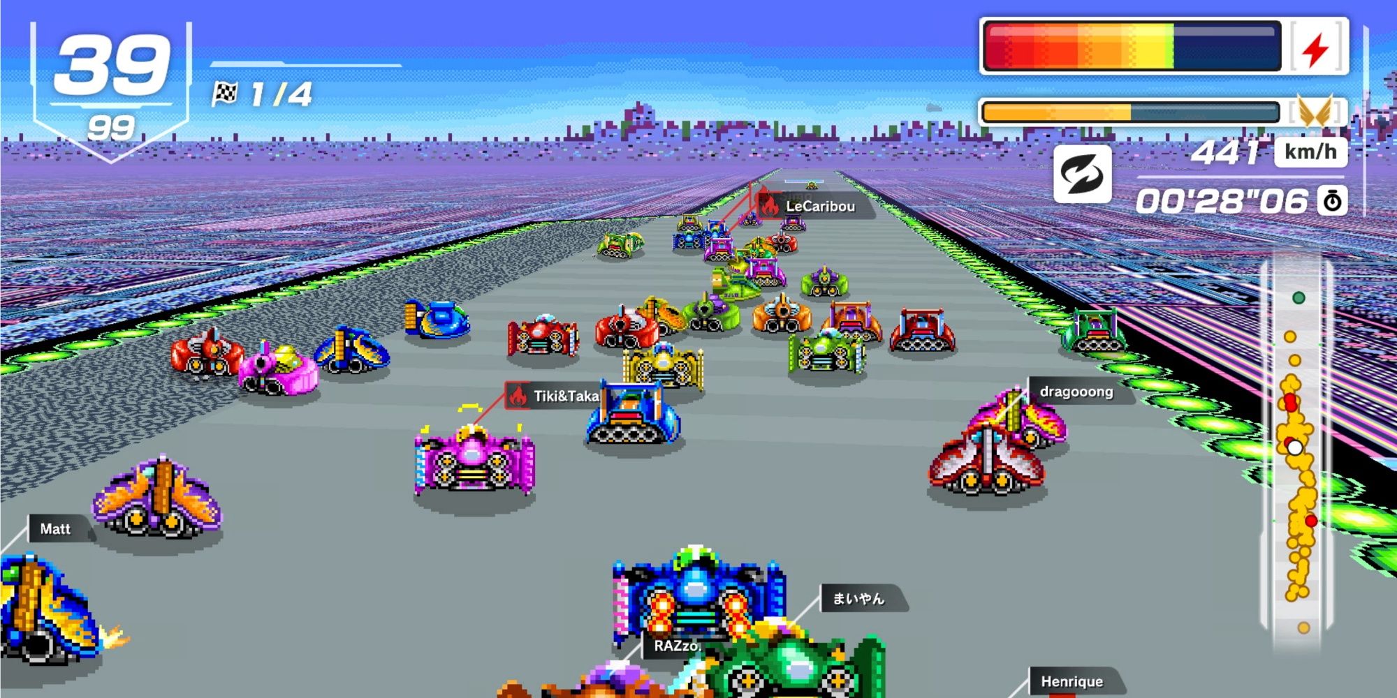 lots of cars racing on the same track in f-zero 99