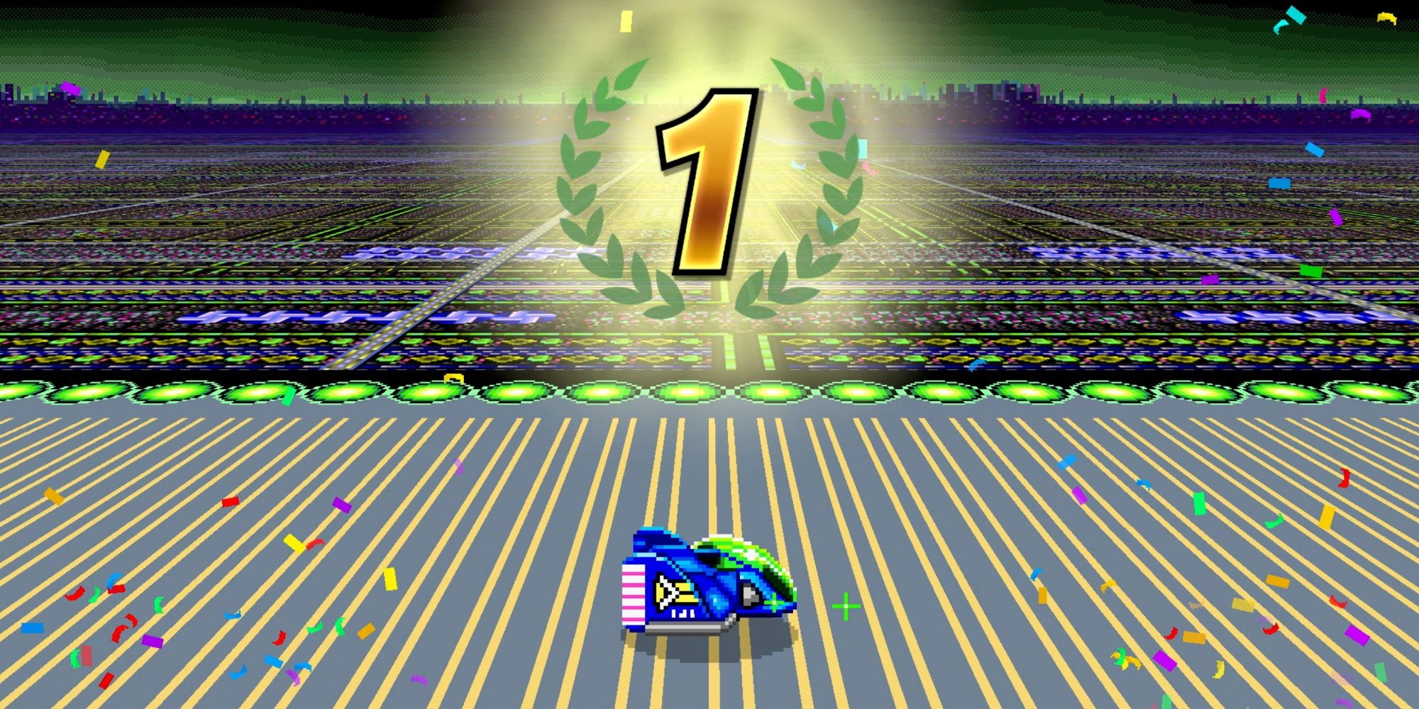 blue car in f-zero 99 with a gold 1 above it