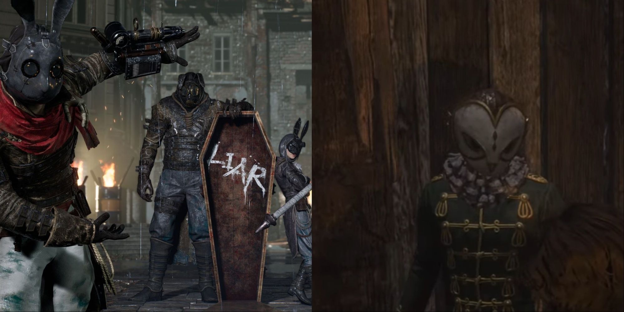 Split-image of the Black Rabbit Brotherhood characters' intro scene, and Pinocchio conversing with the Owl Doctor before the boss fights.