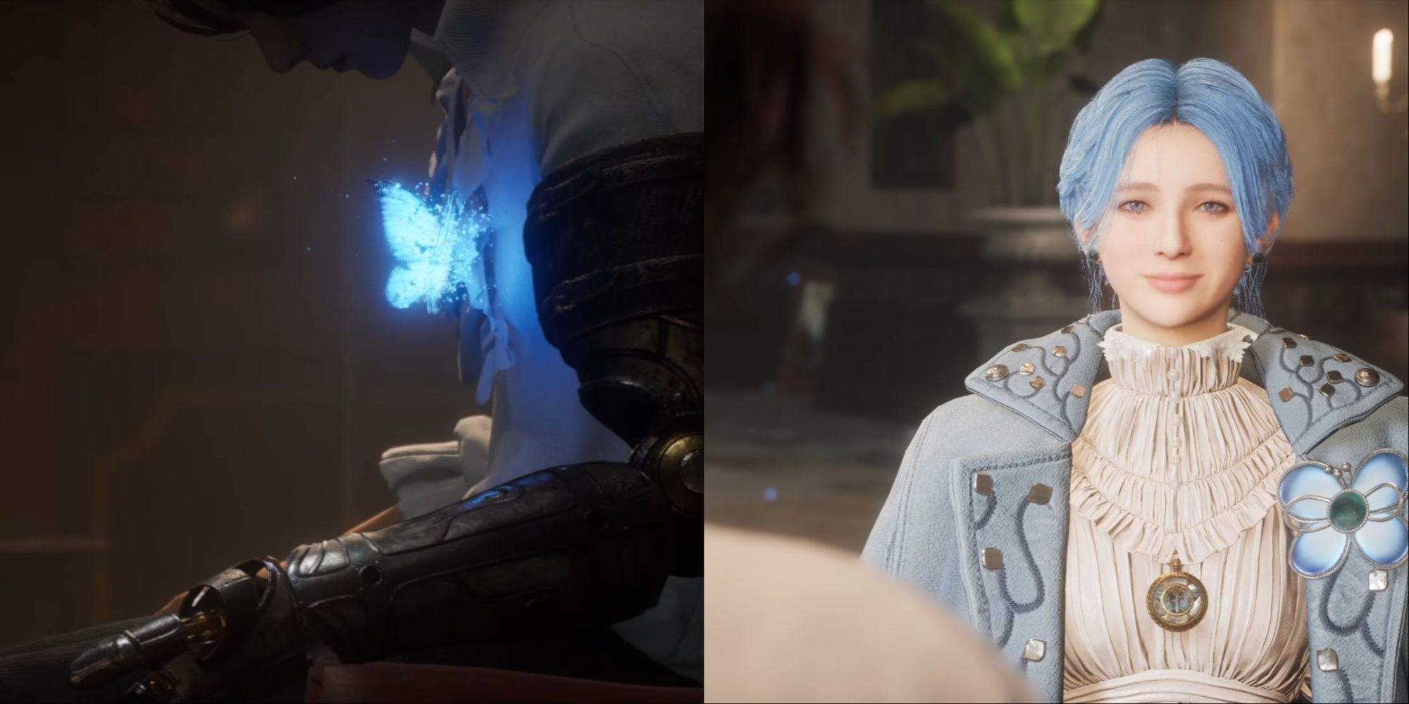 Split-image of a blue butterfly fusing into Pinocchio at the start of the game, and Sophia in Hotel Krat speaking to Pinocchio.
