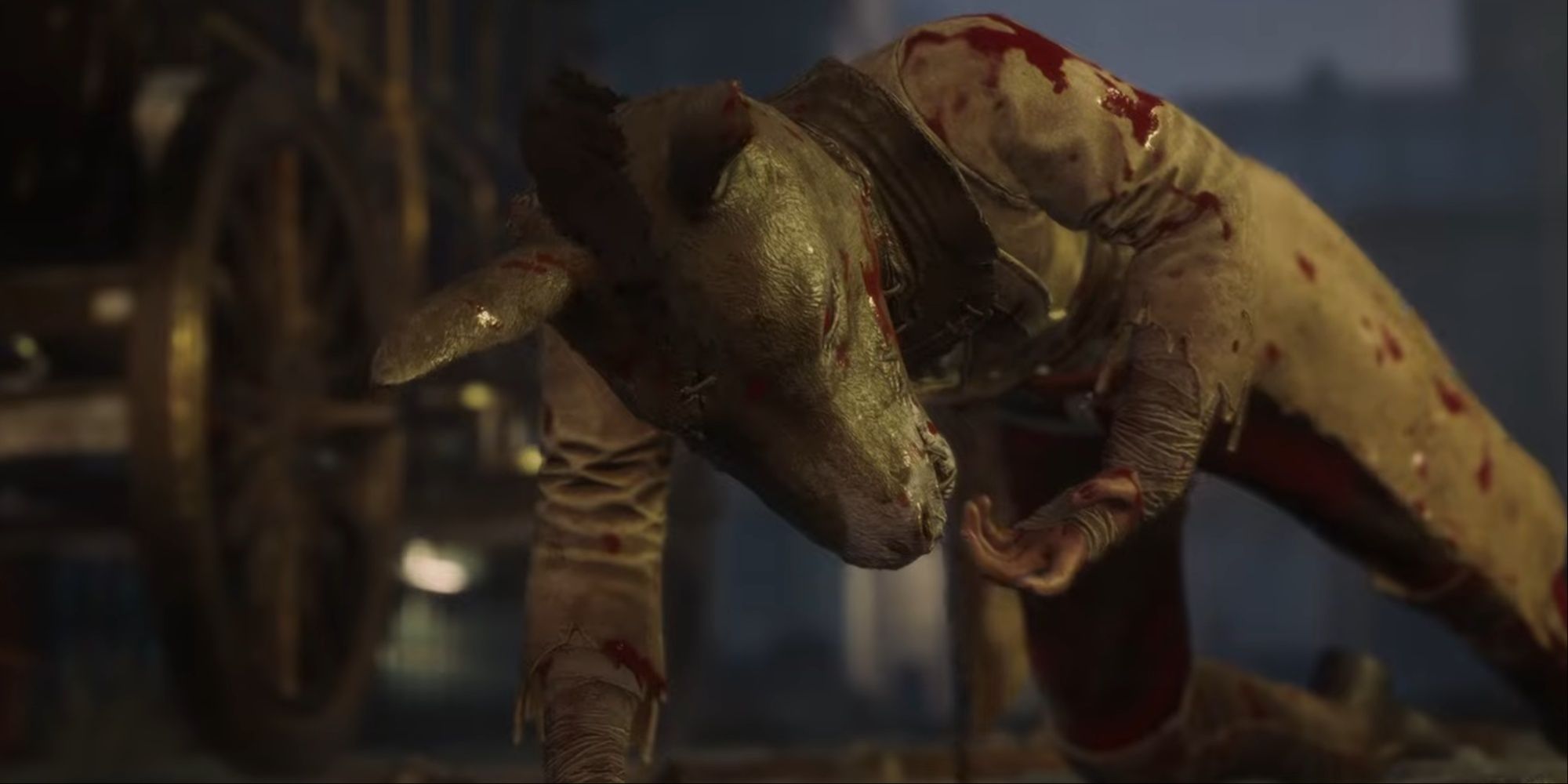 The Stalker known as the Mad donkey bloodied and kneeling in a cutscene after being defeated by Pinocchio.