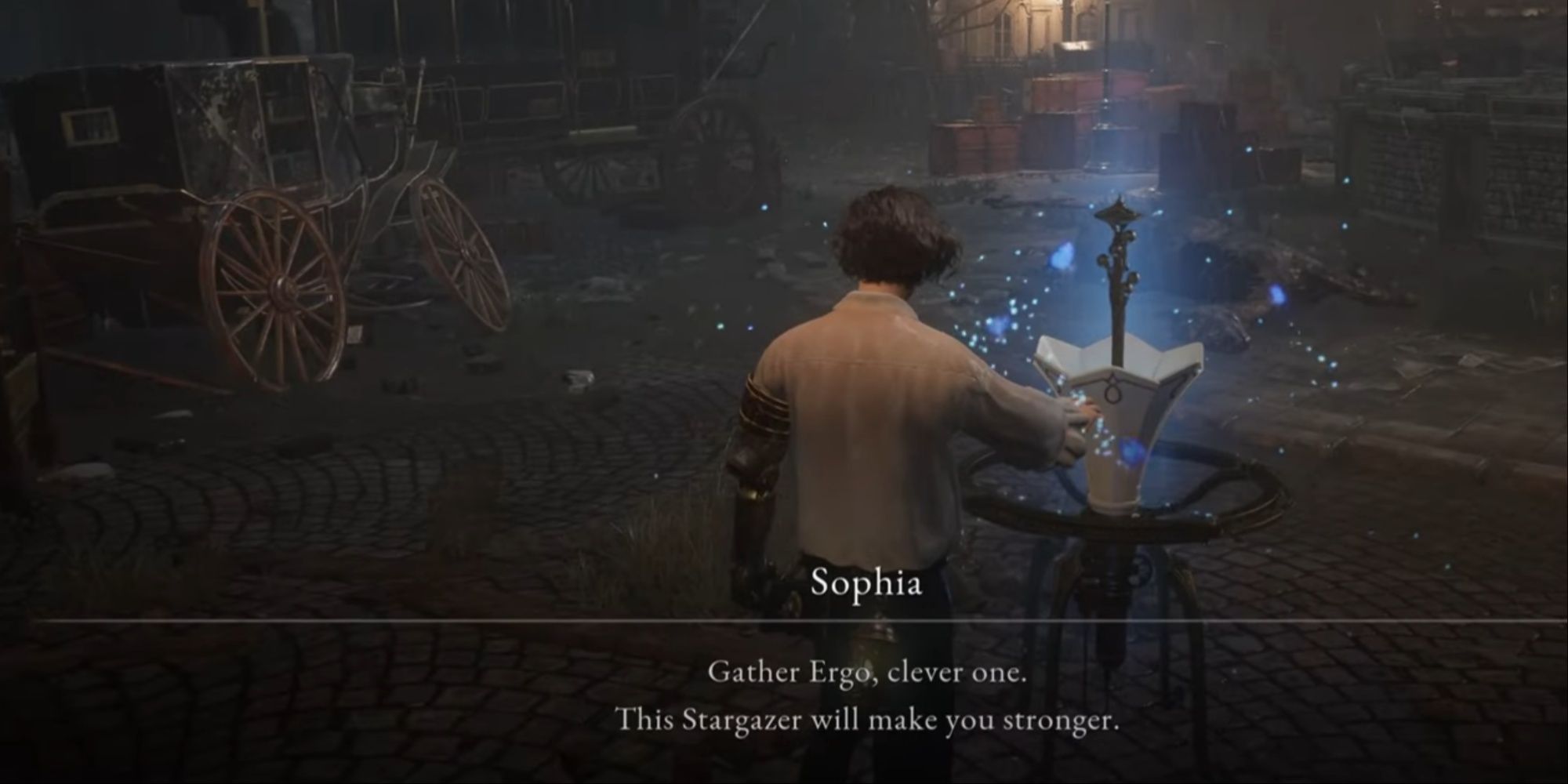 Pinocchio interacting with the first Stargazer location in Lies of P as Sophia is communicating with him about them.