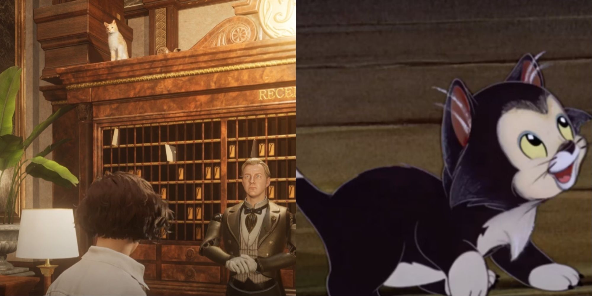 Split-image of Spring the cat on a reception cabinet behind Polendina, and Figaro from the animated Disney Pinocchio film.