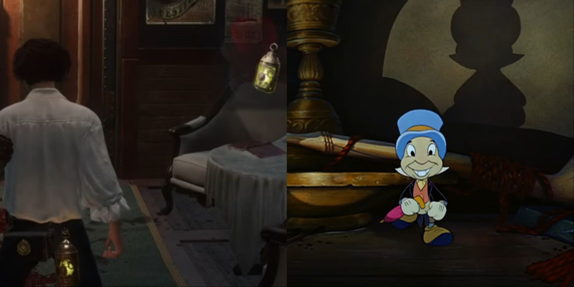 Split-image of Pinocchio with the lamp containing Gemini the cricket guide in Lies of P, and Jiminy Cricket from the animated Disney movie Pinocchio.
