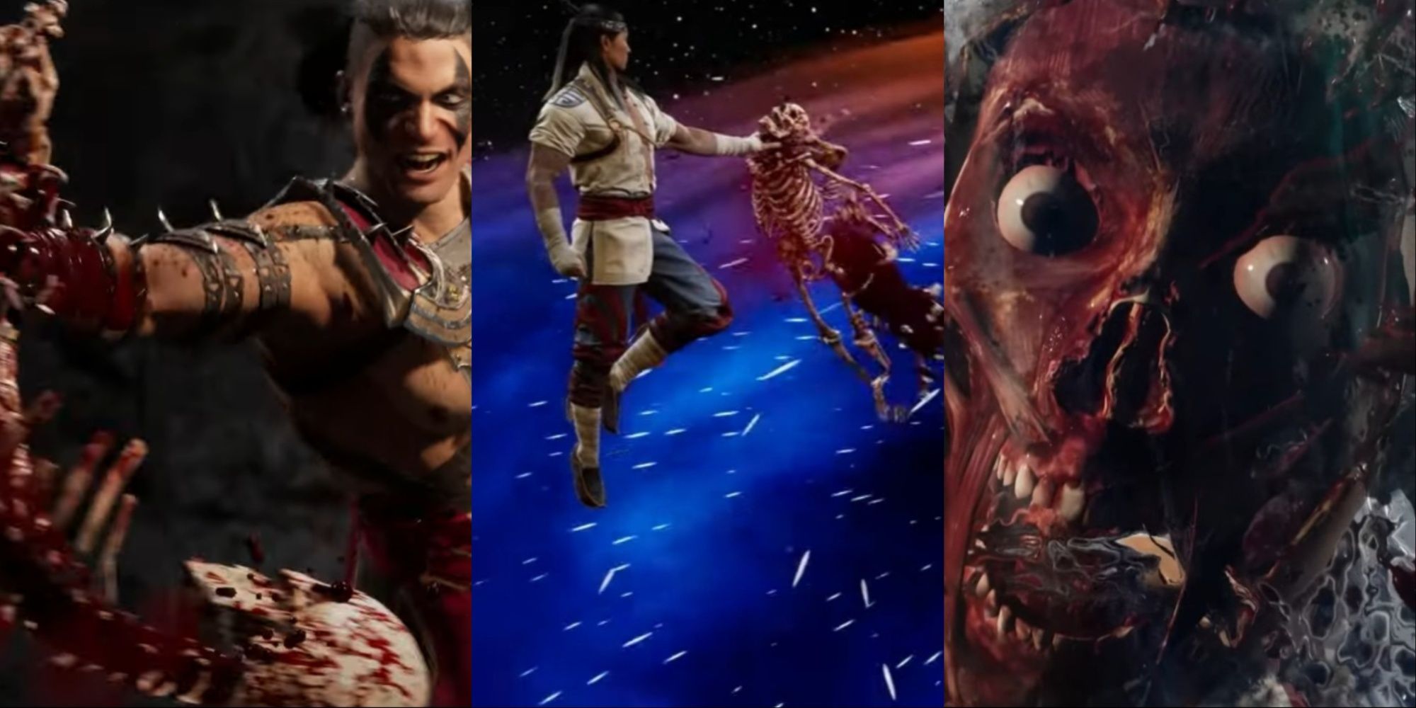 Three-image collage of Reiko with a severed skull and spinal cord, Liu Kang holding a skeleton over a black hole, and a character with their face peeled off smushed against Sub-Zero's ice wall.