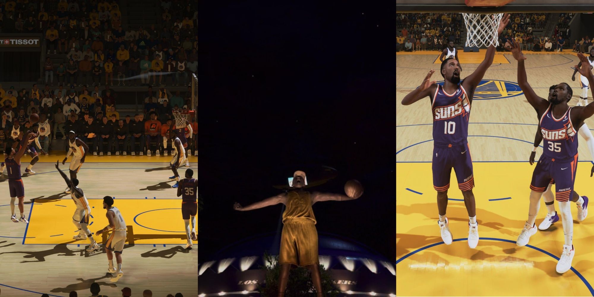 split image featuring NBA 2K24 basketball players on the court