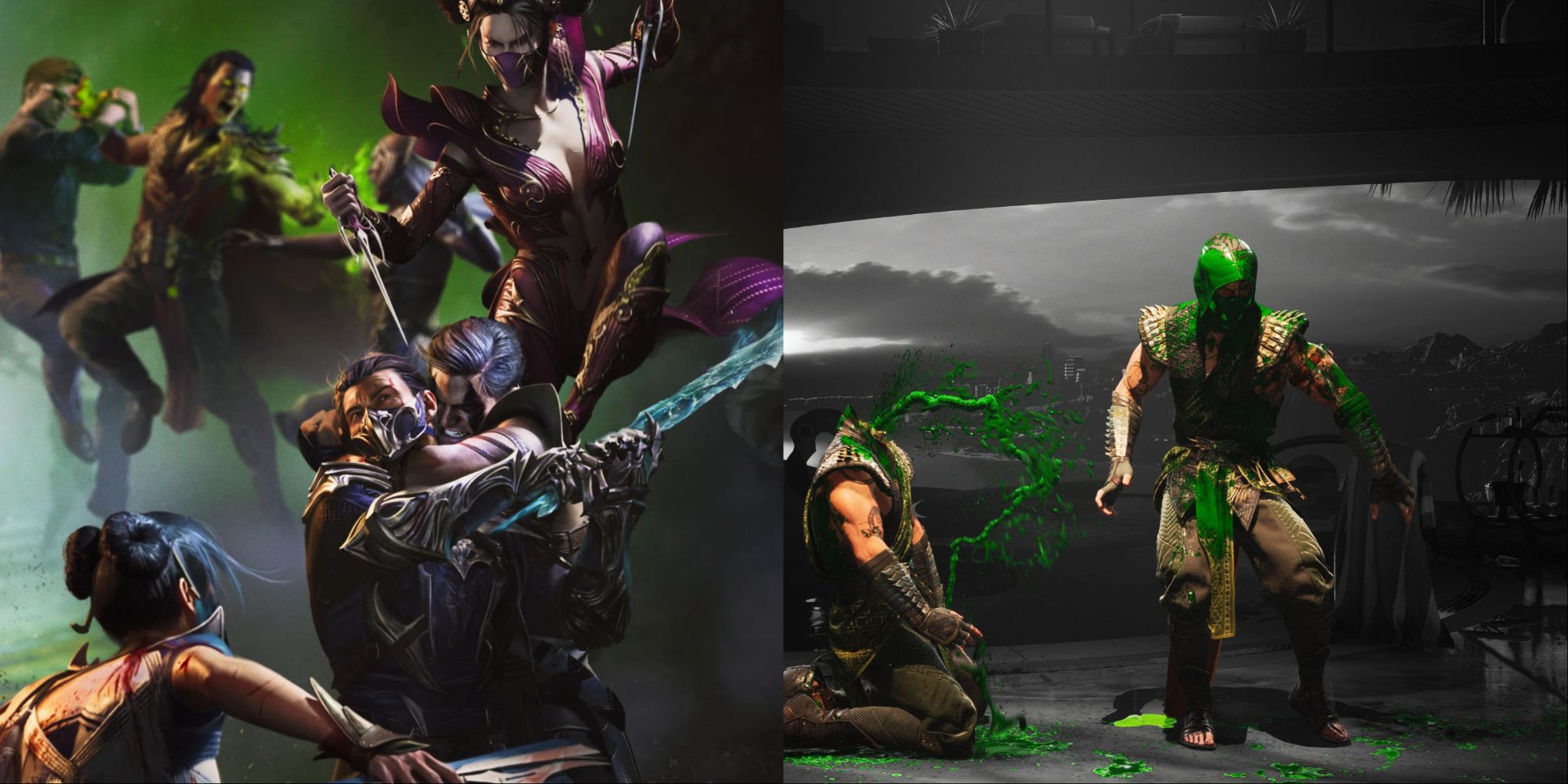 Eine Collage, die links eine Gruppe kämpfender Charaktere und rechts ein Reptil zeigt, das eine Brutalität ausführt.
