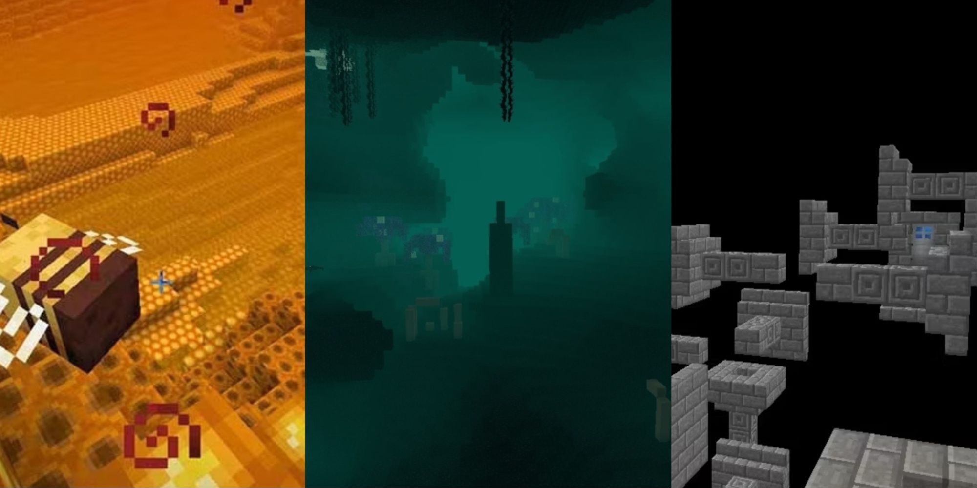 A collage showing three different dimensions in Minecraft, added by mods.
