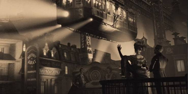 A still from the opening credit sequence in Lies of P, with a female character and her butler doll looking up at a tram car in the sky.