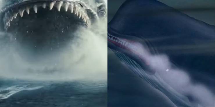 Split-image of Monstro from the 2022 live-action movie, and the original Monstro from the animated Disney movie - both rising out from the water.