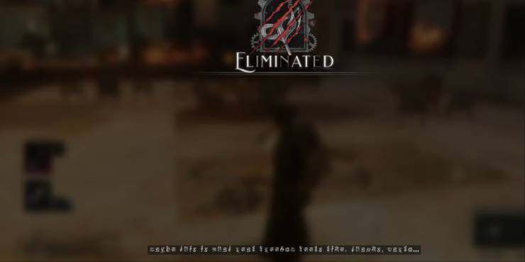 The screen after defeating a boss in Lies of P with the hard-to-read subtitles of the boss' dialogue at the bottom.