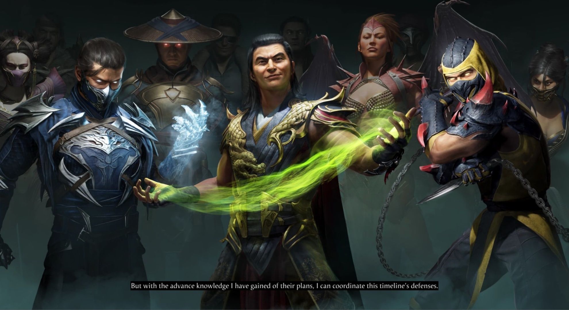Shang Tsung standing with multiple villains in Mortal Kombat 1.