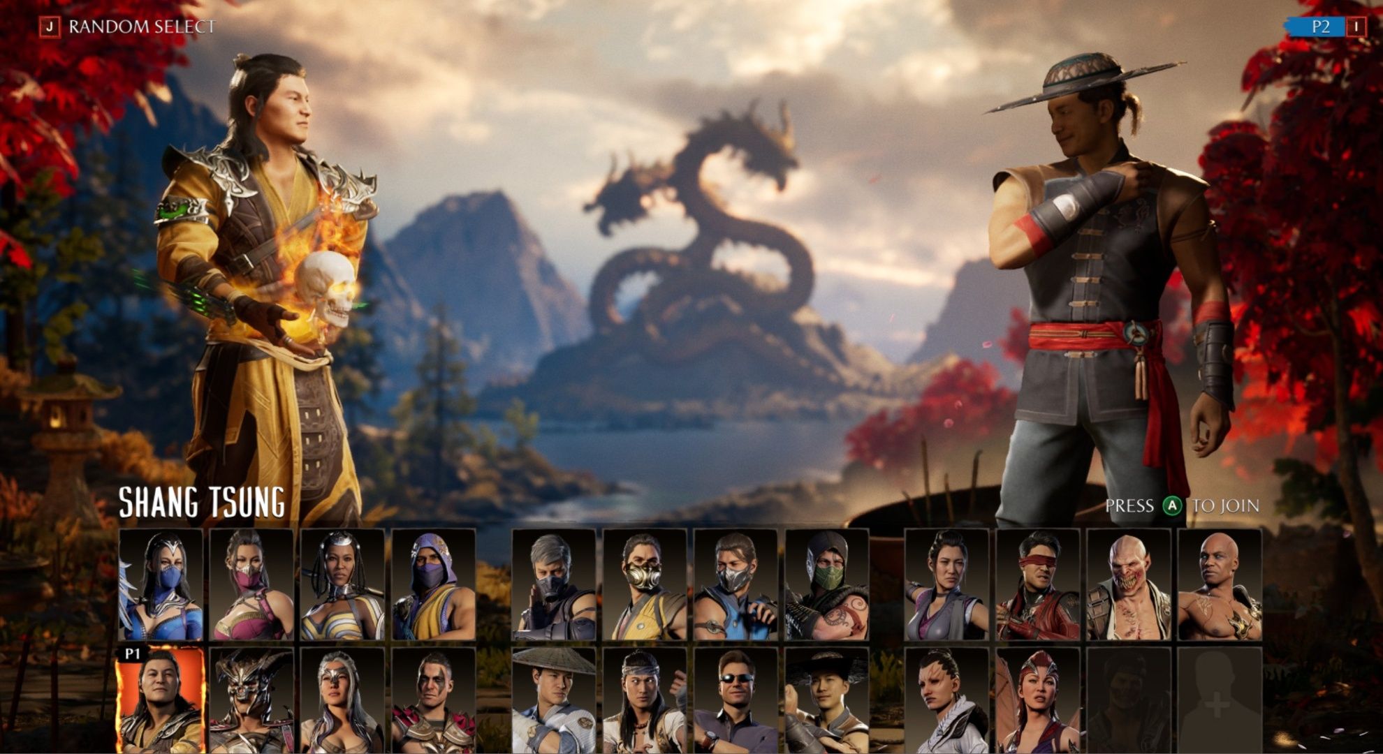 The character select screen with Shang Tsung and Kung Lao selected in Mortal Kombat 1.