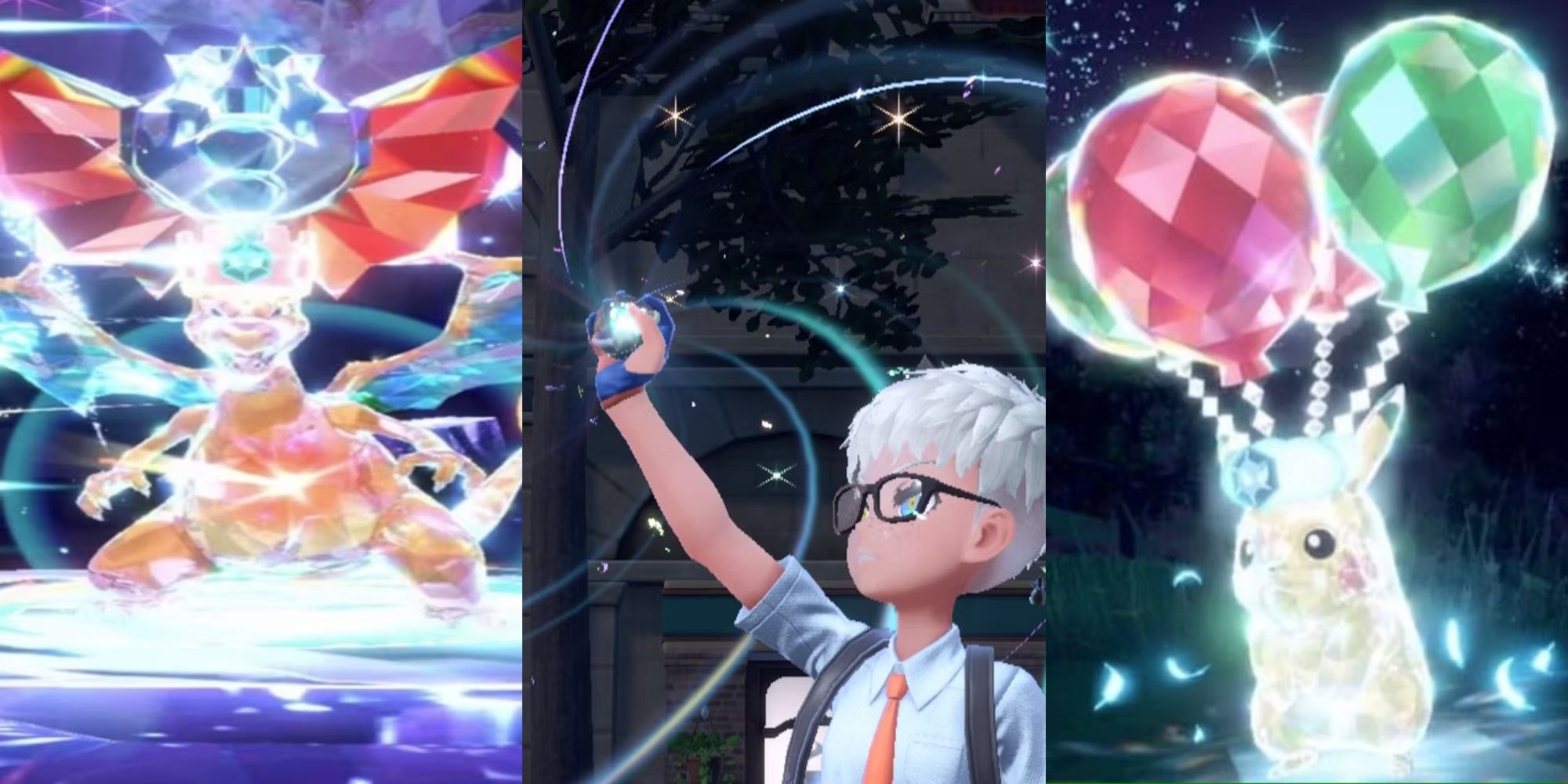 Charizard in a tera raid as a dragon type, your trainer holding a tera orb, and pikachu terrastallizzed as a flying type, left to right