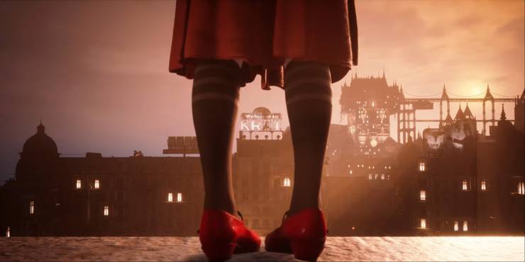A tease of Dorothy on a rooftop in Krat tapping the ruby slippers together during the post-credit cutscene in Lies Of P.