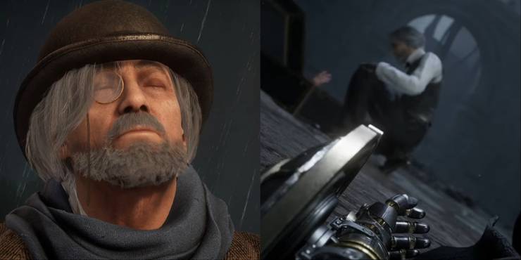 Split-image of Geppetto feeling happy and satisfied after having Carlo back and Pinocchio lying dead on the ground as Geppetto revives Carlo.