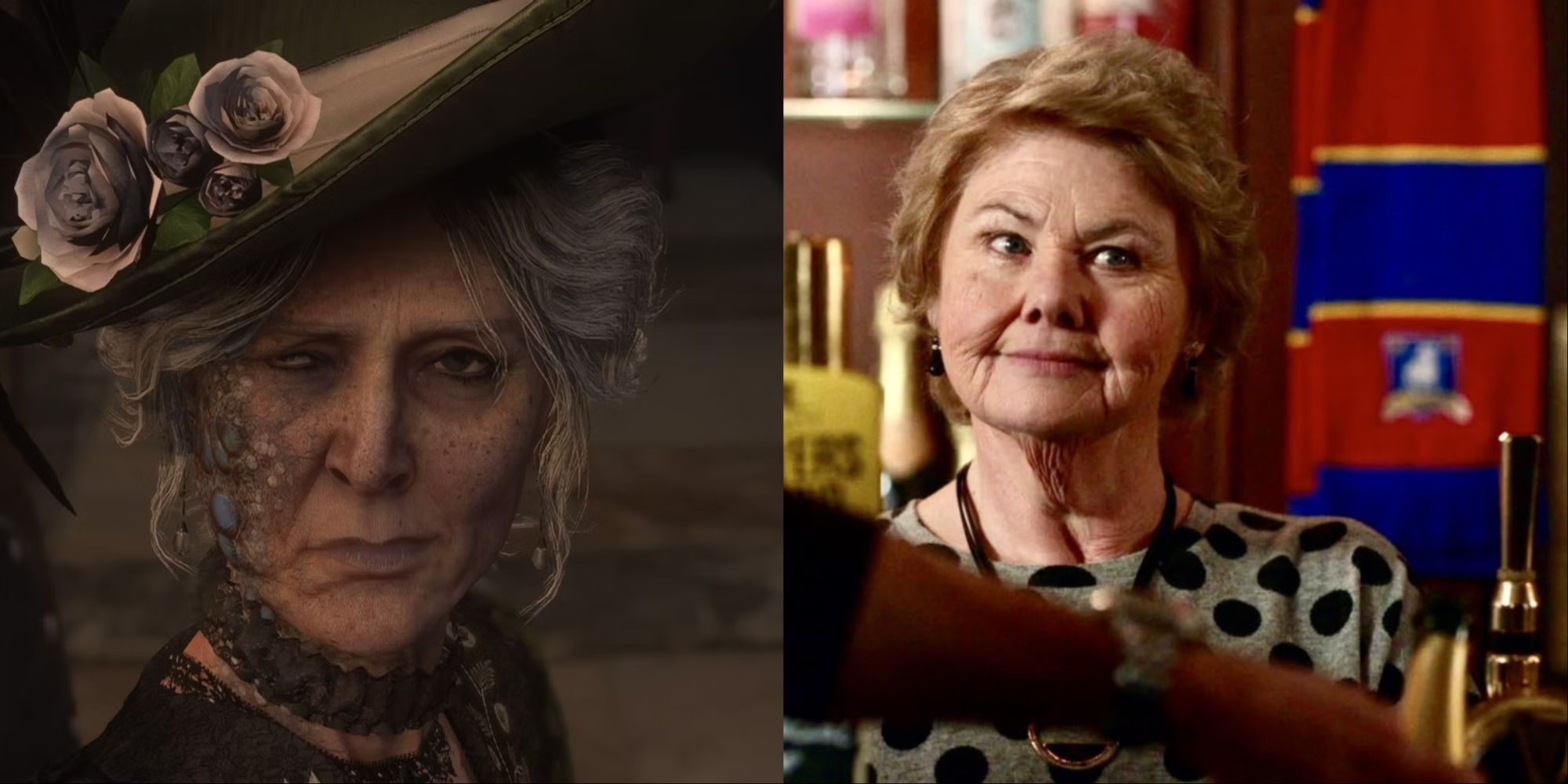 Split-image of Antonia in Lies of P looking at the player and Annette Badland as Mae tending her pub in Ted Lasso.