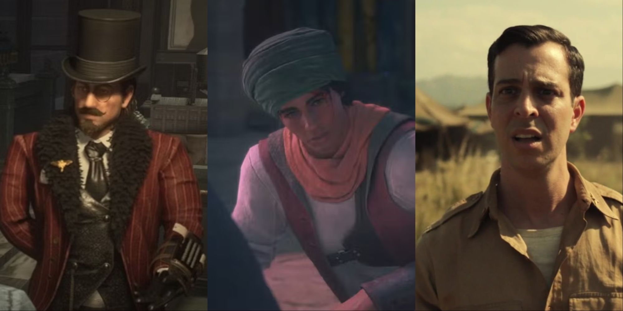 Three-image collage of Venigni speaking with Pinocchio in Lies of P, L'ubor in Final Fantasy 16, and actor Shai Matheson as Schultz.